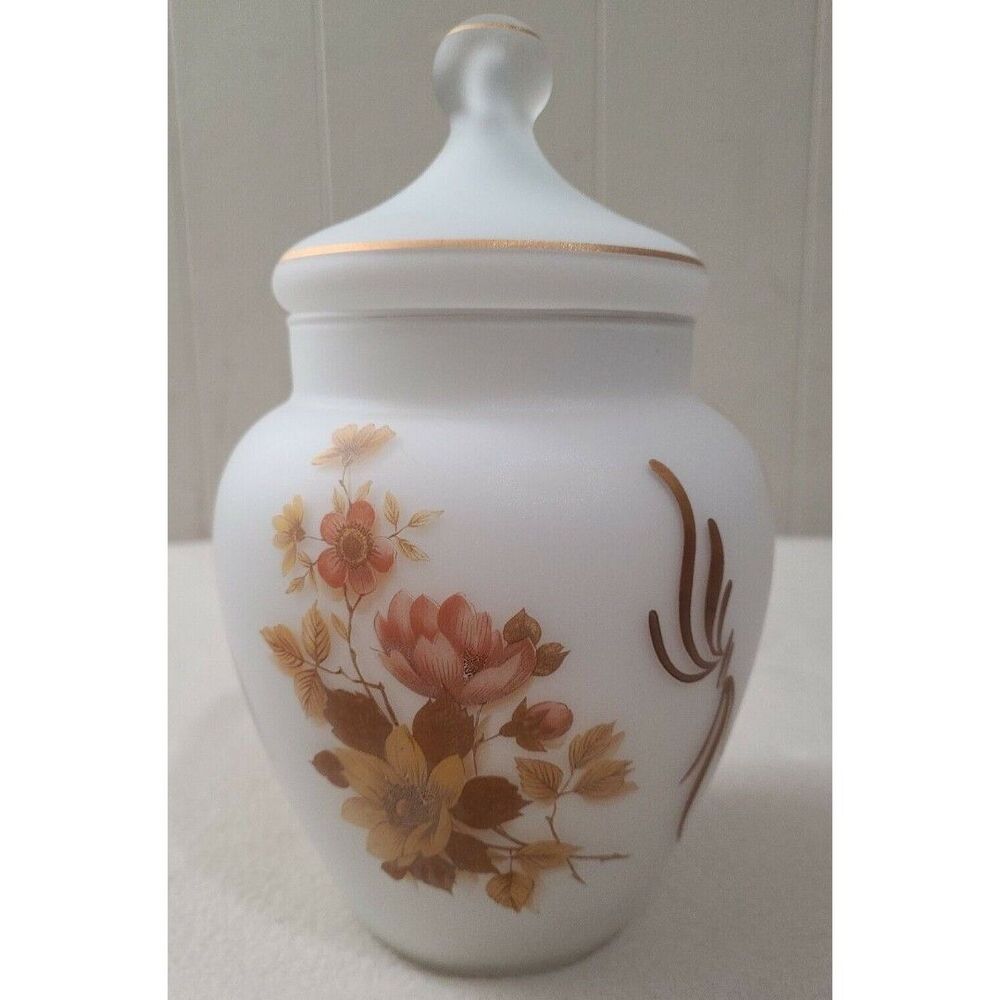 Italian Crystal Floral Apothecary Jar Lid Frosted Glass Norleans Gold Pink Satin